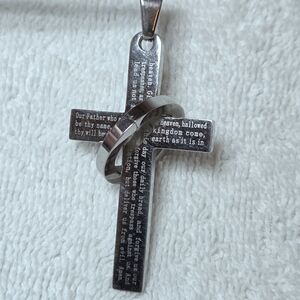 Engraved Stainless Steel Cross Pendant " Lord's Prayer" with Interlocking Ring